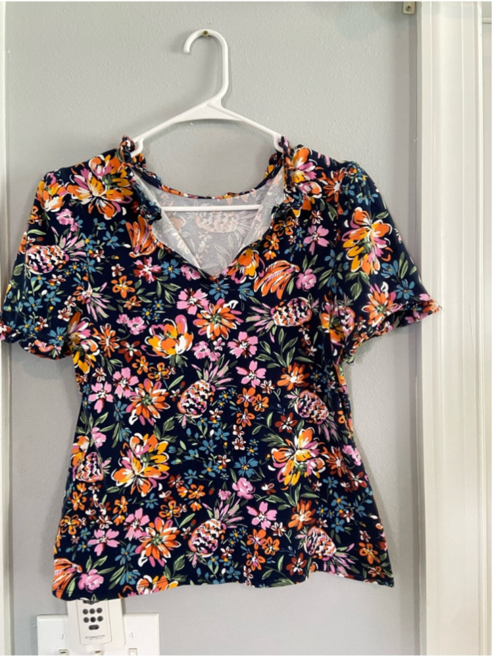 crown & ivy Navy Floral V-Neck Short Sleeve Top with Pink & Orange Flowers